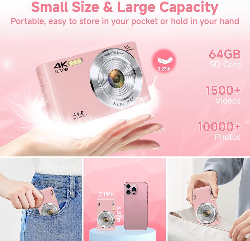 SMARTKLIK Store كاميرا رقمية، FHD 4K 44MP كاميرا رقمية بؤرة تلقائية وردية مع بطاقة SD سعة 64GB 16X زوم، كاميرات للتصوير كاميرا صغيرة مدمجة وسهلة الاستخدام للأولاد والبنات والأطفال كاميرا رقمية للسفر - Image 5